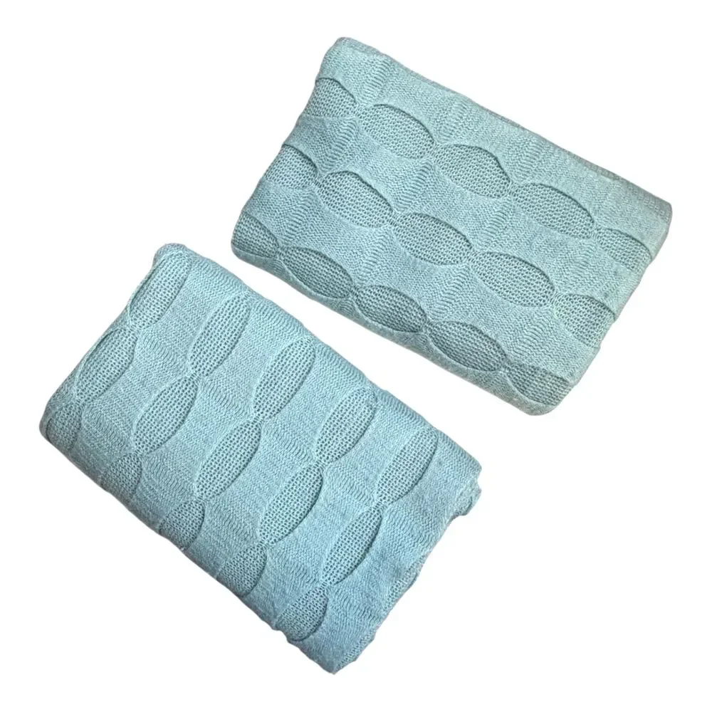 West Elm Teal Ribbon Knitted Acrylic Cotton Zip Close Pillow Cover Pair